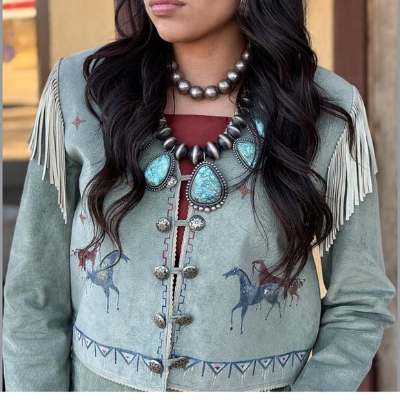 VPatricia Wolf Hand-Painted Suede Fringe Jacket & Skirt Set horses stars S/M EUC - Picture 12 of 13